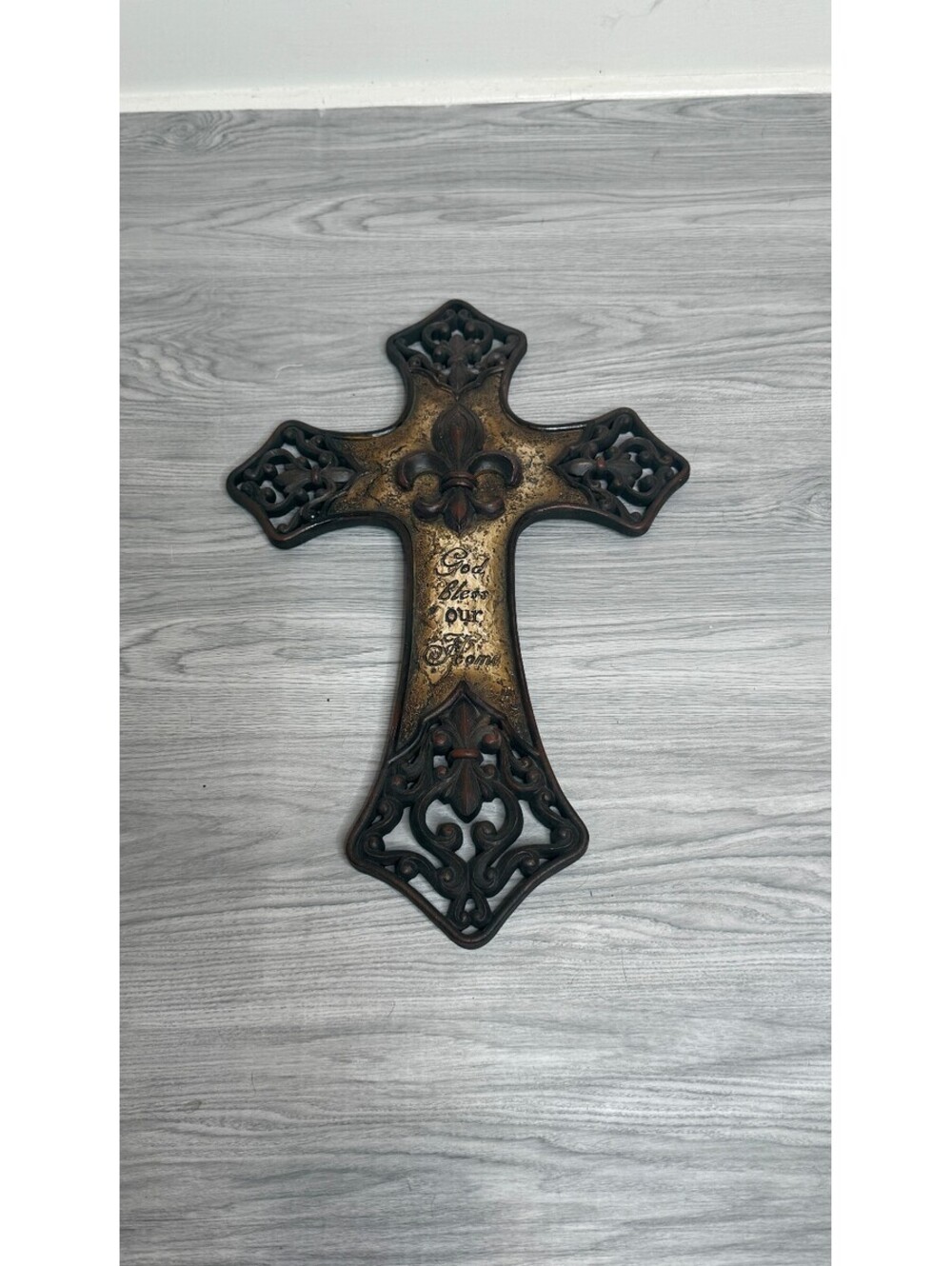 Fleur de Lis Cross Wall Decor God Bless Our Home Rustic 15” Religious